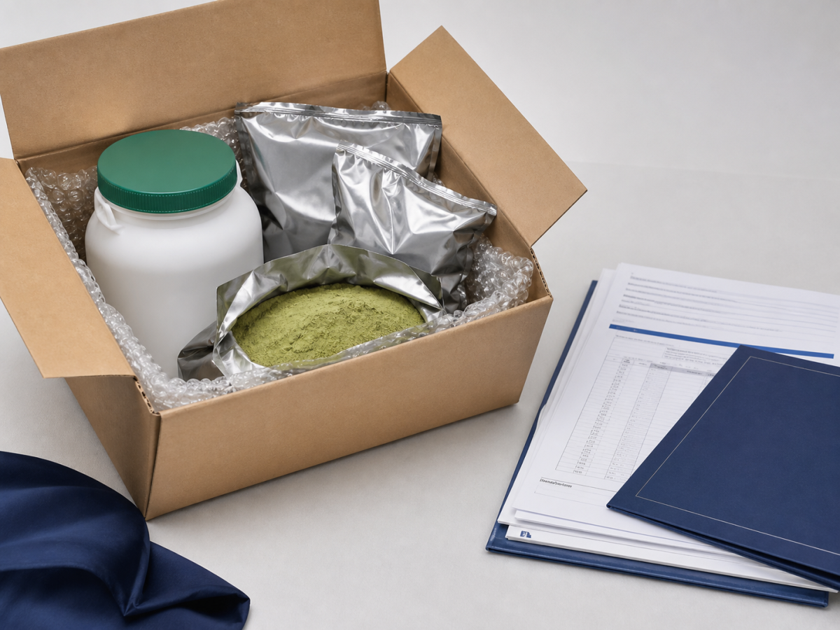 Packing and document package for green tea extract bulk supply with shipping documents and certificate folder