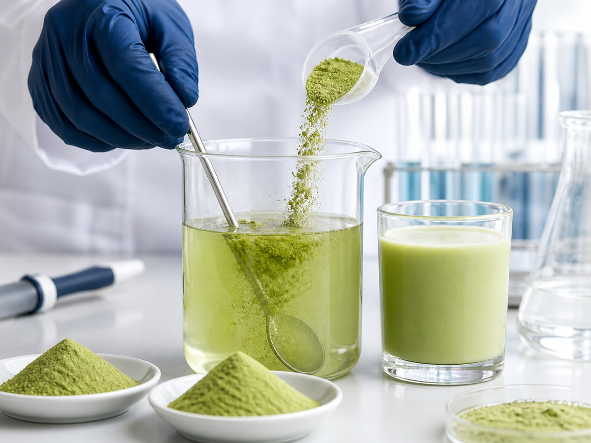 Green tea powder being stirred and dispersed into a beaker of pale green liquid during a lab solubility test