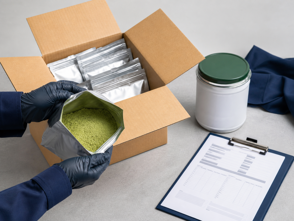 Foil sample bags of green tea powder packed in a carton with shipping documents and clipboard