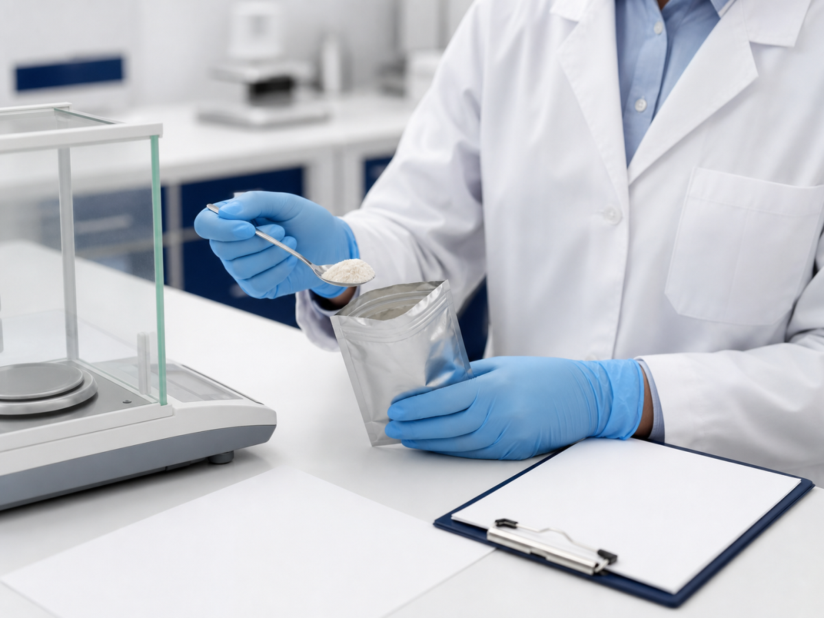 Quality assurance specialist in a lab reviewing powder sample and blank document sheet at a clean bench