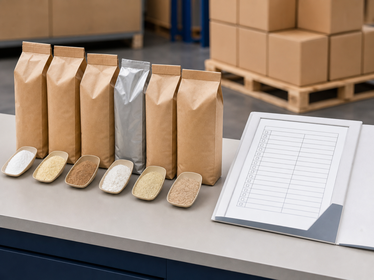 Row of bulk powder bags with export document folder and checklist on a light-grey warehouse desk