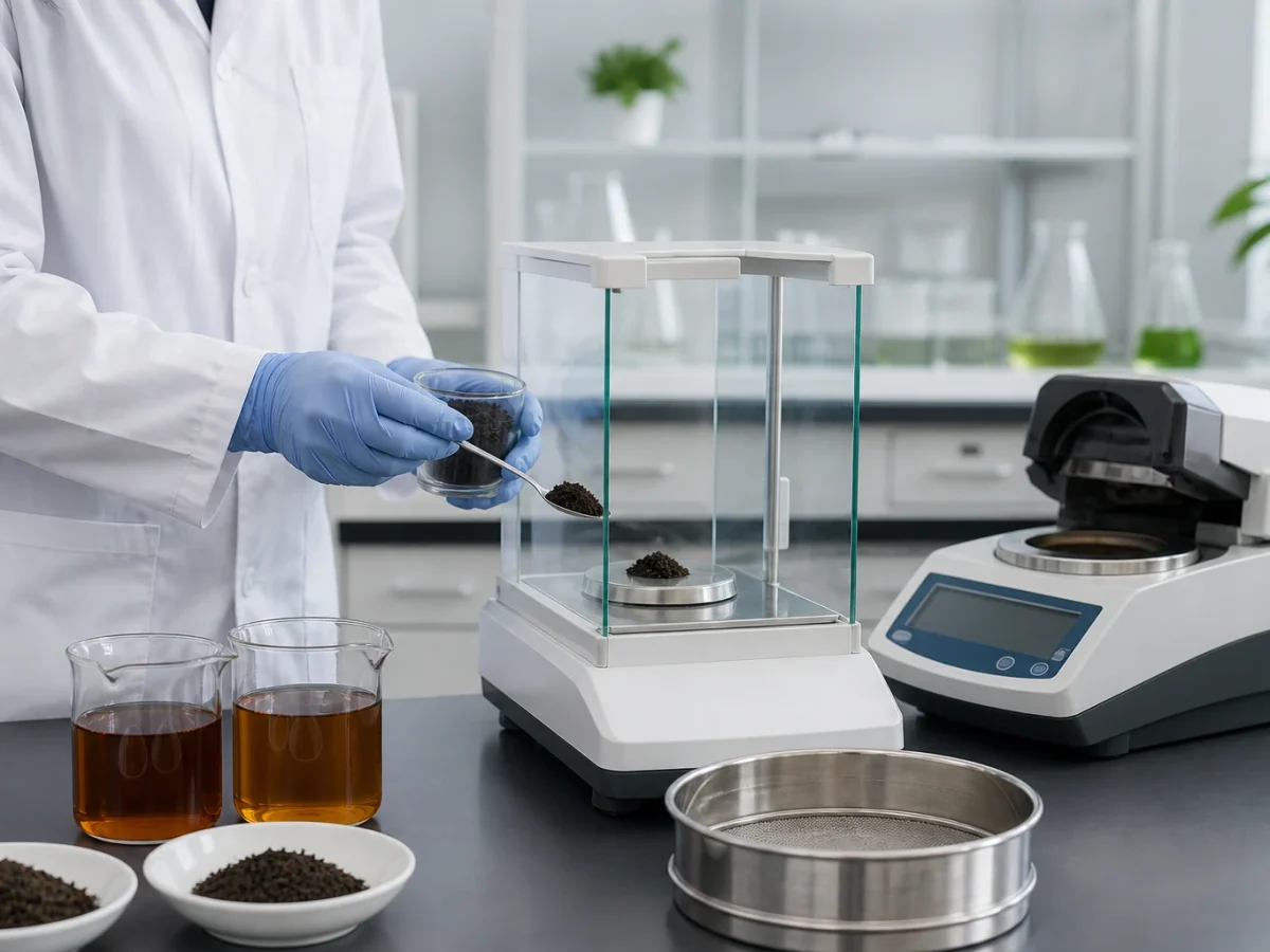 Quality control laboratory testing instant tea powder samples with COA documentation