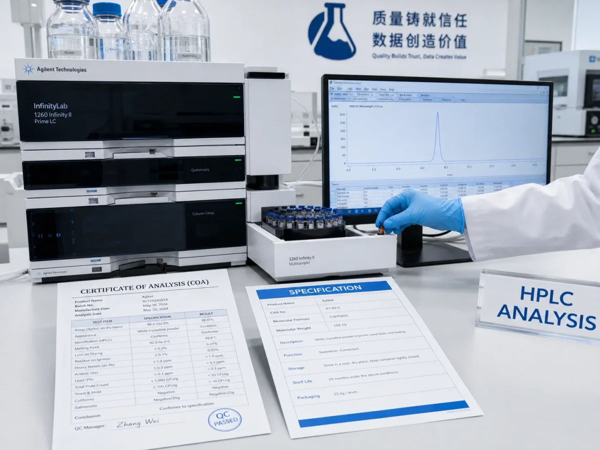 HPLC instrument with chromatogram monitor and printed COA in an analytical laboratory for L-Theanine testing