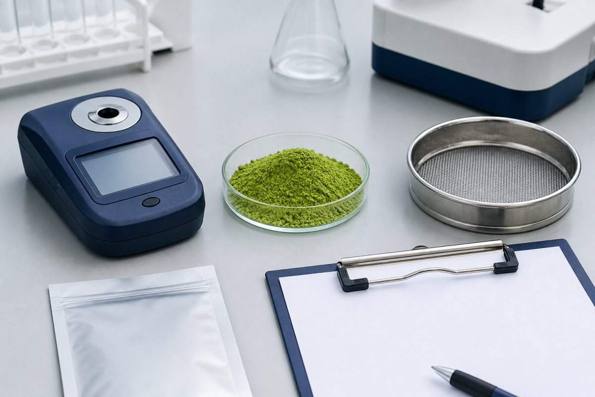 Organic matcha powder color and particle-size inspection in a laboratory