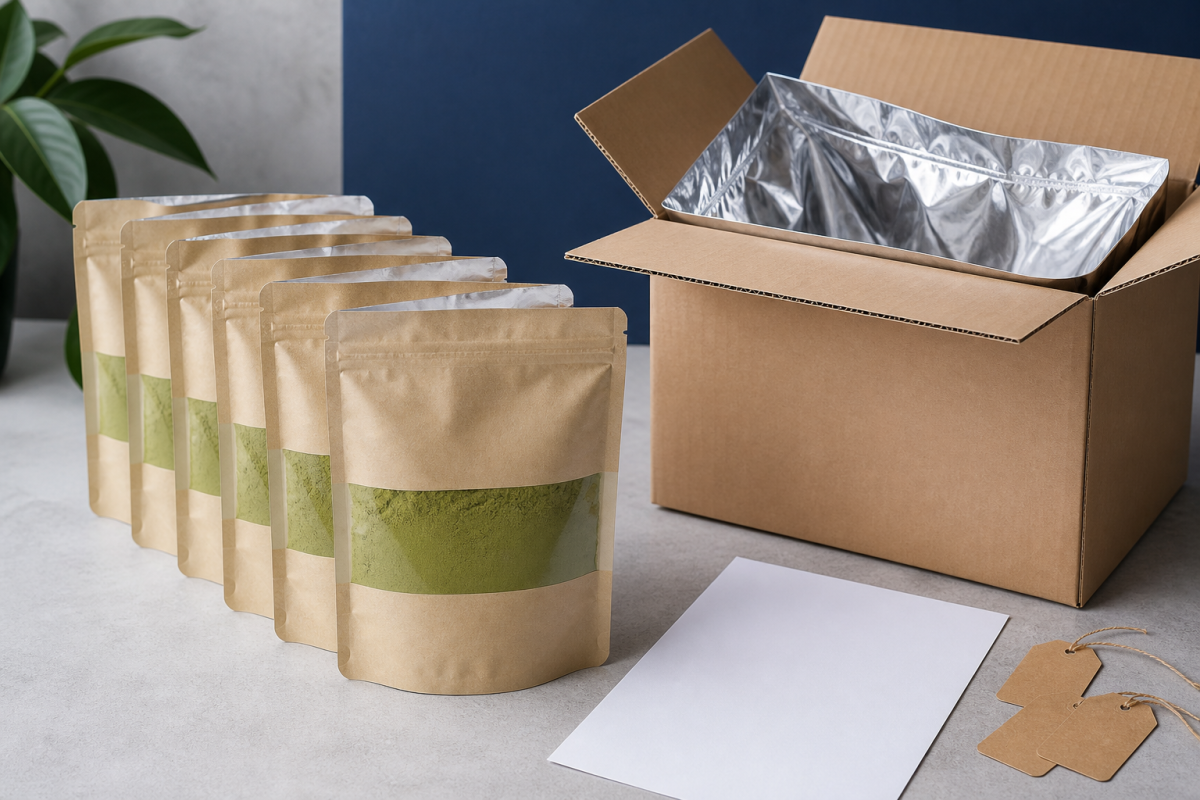 Organic matcha powder sample pouches and export packing preparation