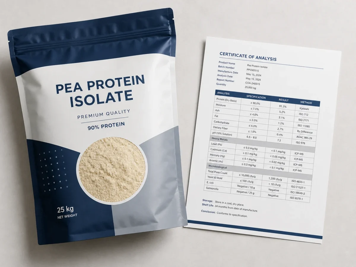 Bulk pea protein isolate powder pouch and certificate of analysis document for B2B supplier review