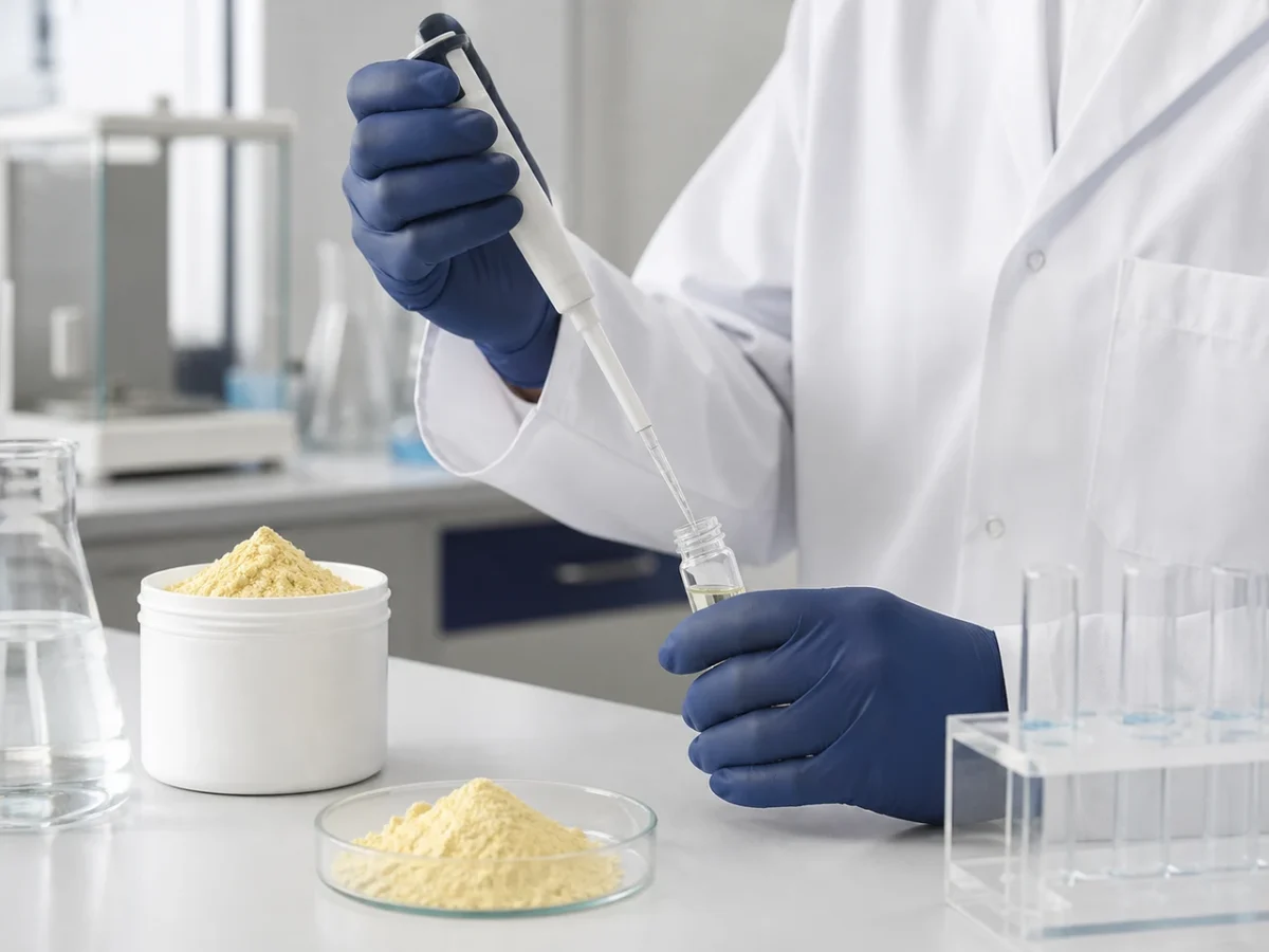 Lab technician pipetting pea protein sample for COA laboratory testing