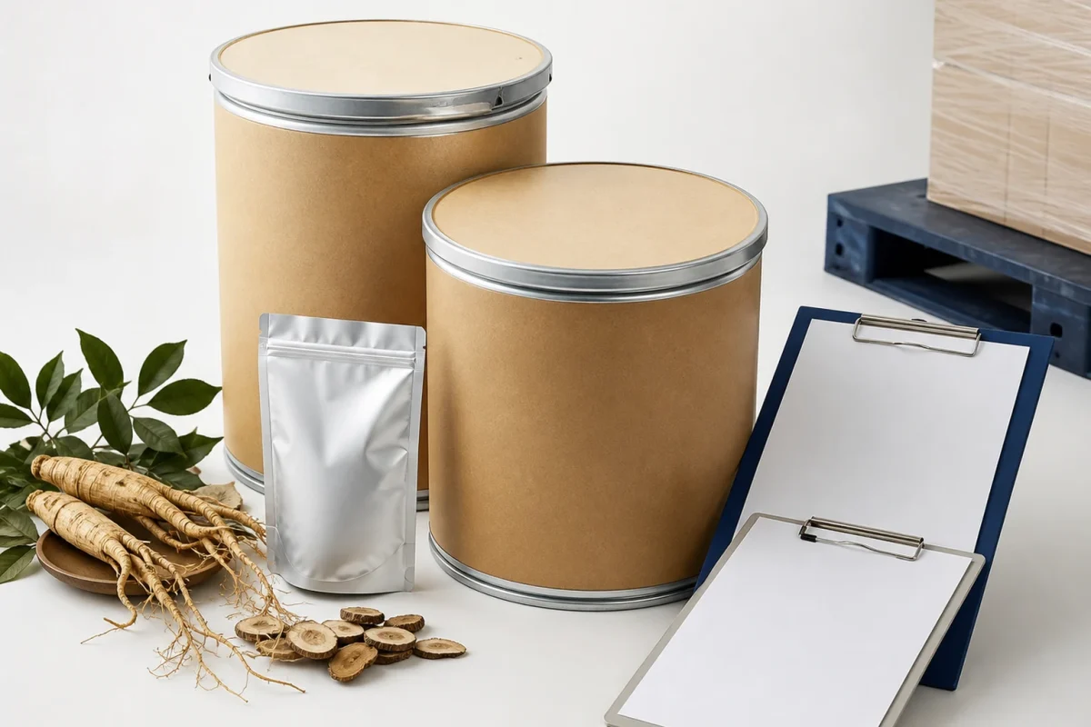 Fiber drums of botanical extract powder with sample pouch and blank COA document for export documentation review