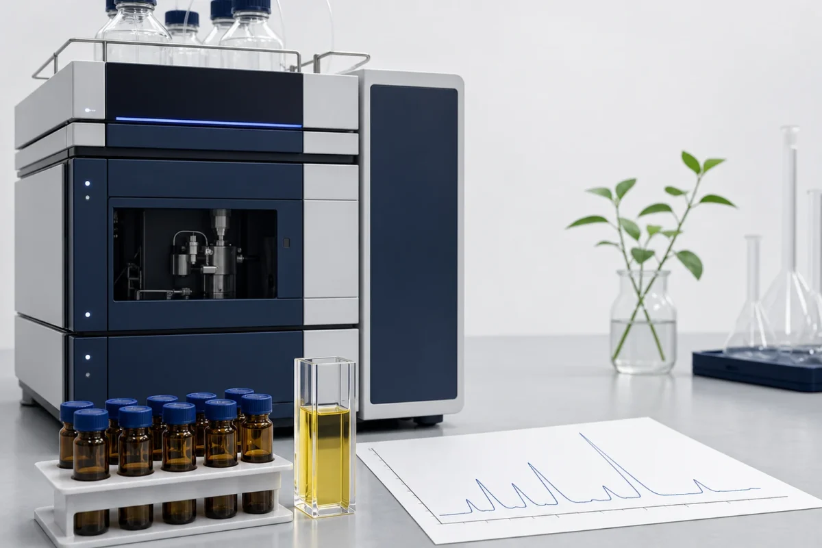 HPLC instrument with botanical extract sample vials and chromatogram for marker compound assay verification