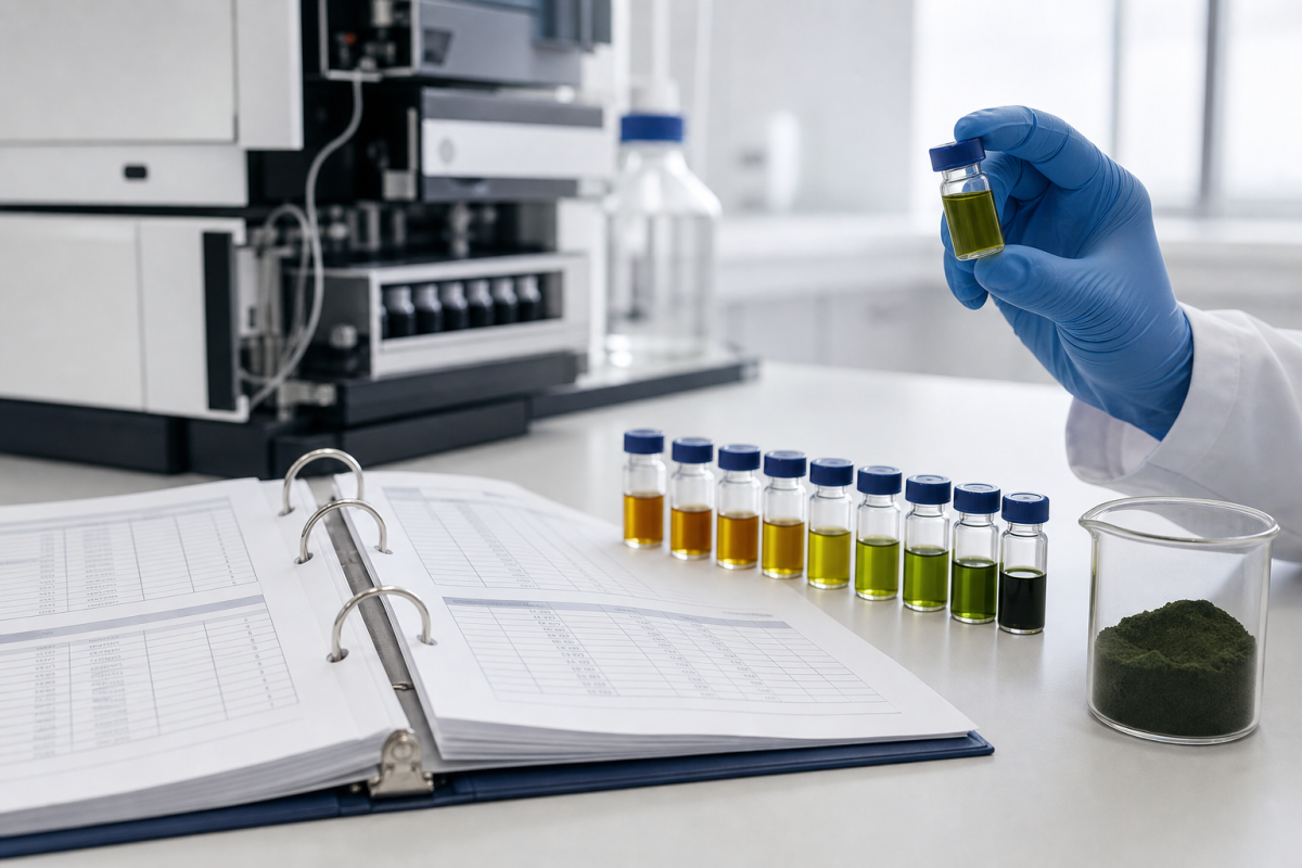 Quality control laboratory review of botanical extract sample COA documents with HPLC vials