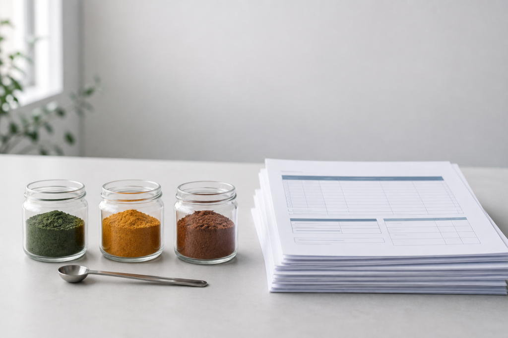 Plant extract powder samples with specification documents on a light desk
