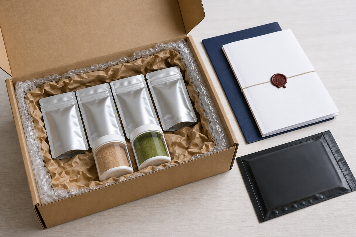 Botanical extract sample pouches packed with export documents for international courier shipment