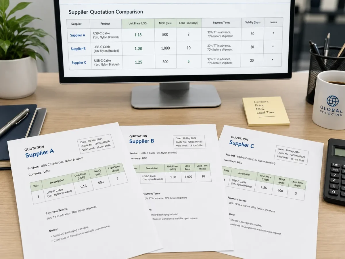Supplier quotation comparison: three quotation sheets with unit price, MOQ and lead time columns and a spreadsheet of supplier comparison on a monitor
