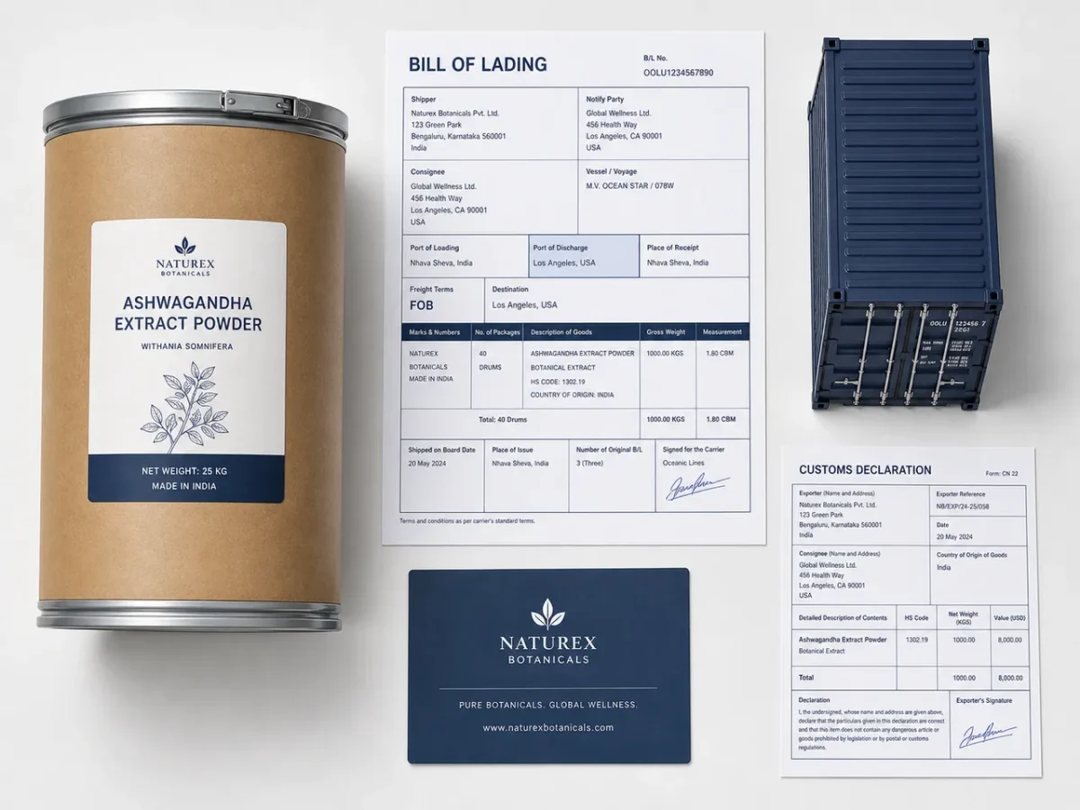 Bulk export flat-lay: bill of lading with FOB and destination port fields, sealed drum sample of botanical extract powder and customs declaration