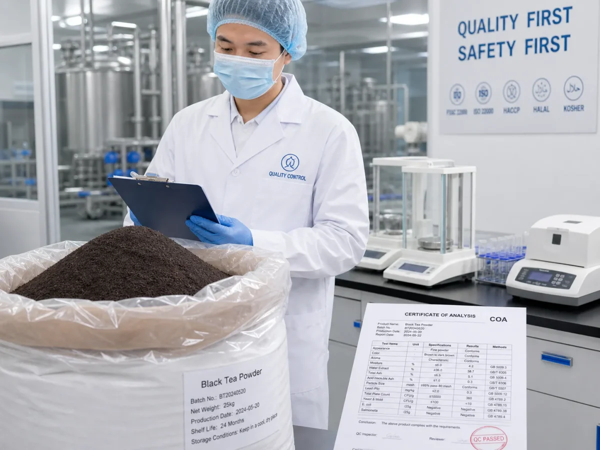 Four labeled black tea powder samples representing China, India, Sri Lanka and Kenya origins with world-map accent