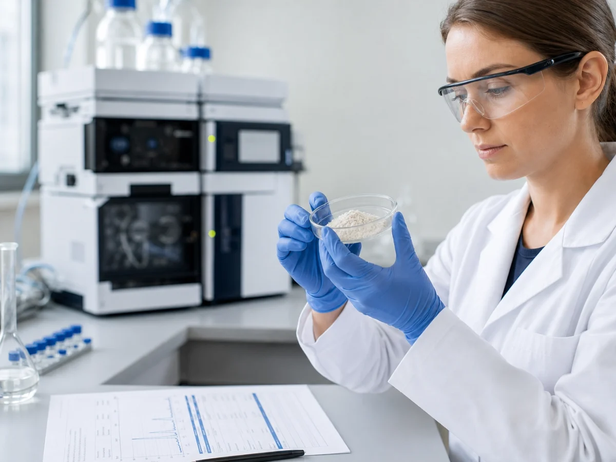 Quality control laboratory scene with a scientist inspecting a urolithin A powder sample next to an HPLC instrument
