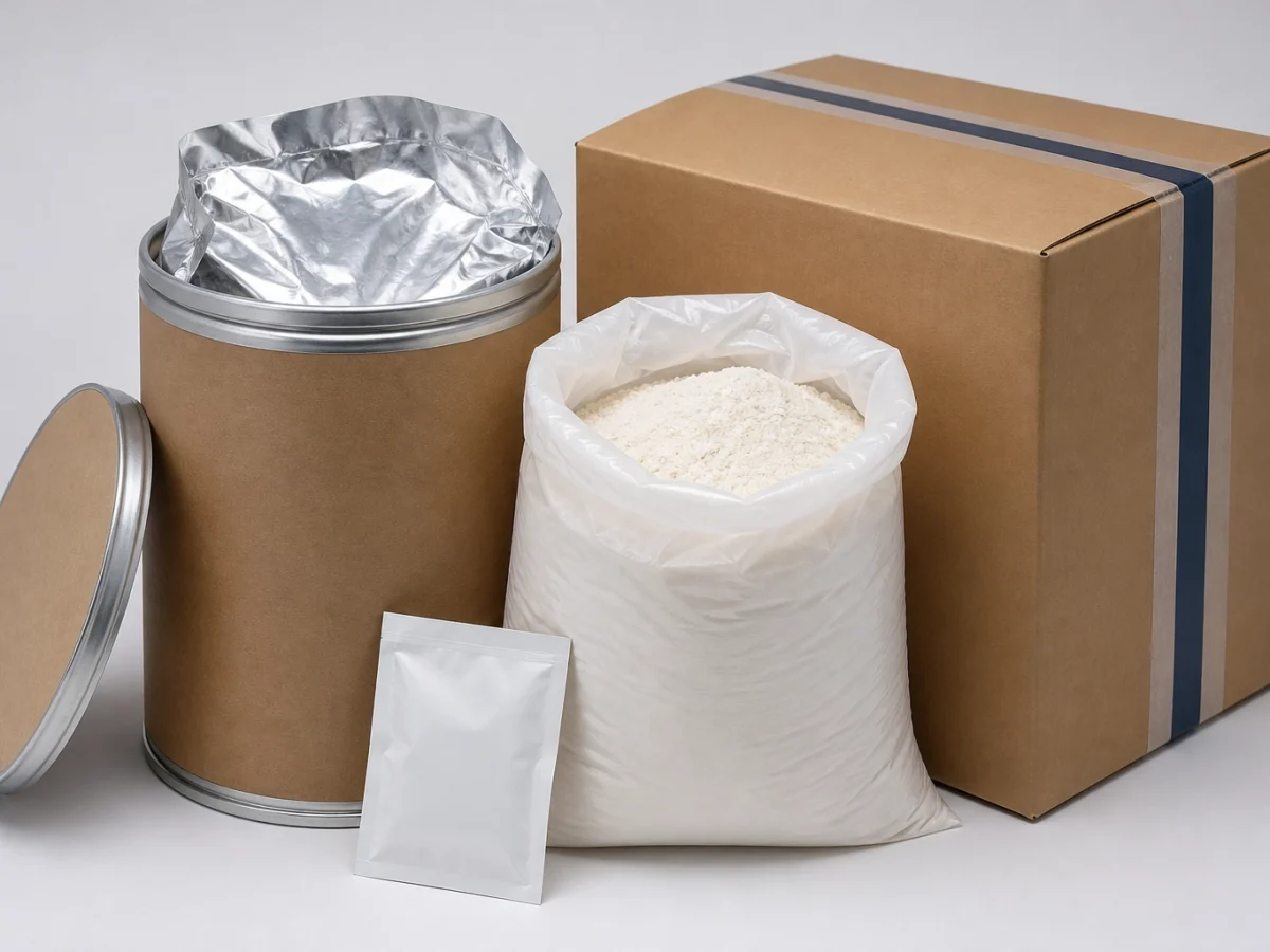 Bulk nutraceutical ingredient packaging and shipping: sealed fiber drum, food-grade polyethylene inner liner bag, labeled sample pouch, and export shipping box