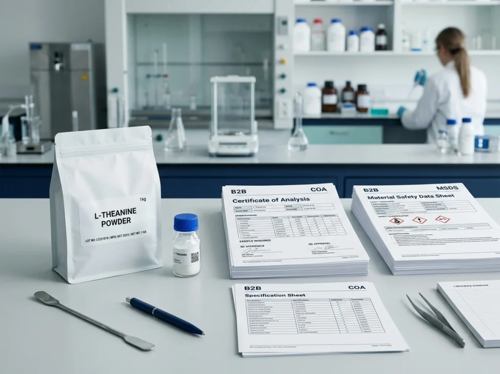 L-Theanine COA and MSDS document review with laboratory sample and supplier paperwork
