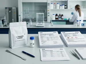 L-Theanine COA and MSDS document review with laboratory sample and supplier paperwork